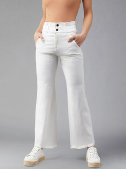 DOLCE CRUDO - Womens White Flared High Rise Ankle length Stretchable Denim Jeans