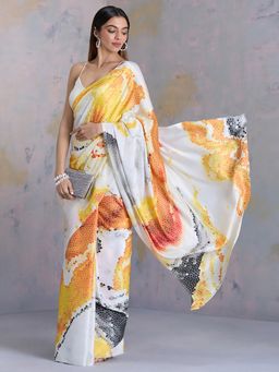 Navyasa By Liva - Yellow Satin Geometric Print Saree with Unstitched Blouse
