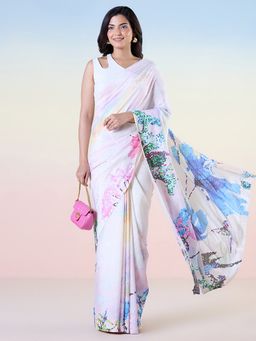 Navyasa By Liva - White Jacquard Floral Print Saree with Unstitched Blouse