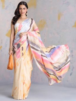 Navyasa By Liva - Orange Satin Geometric Print Saree with Unstitched Blouse