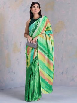 Navyasa By Liva - Green Satin Geometric Print Saree with Unstitched Blouse