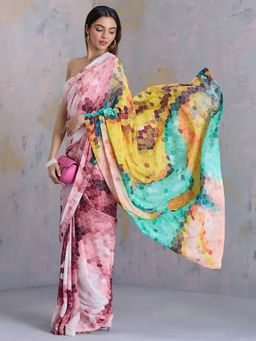 Navyasa By Liva - Multicolor Sheen Geometric Print Saree with Unstitched Blouse