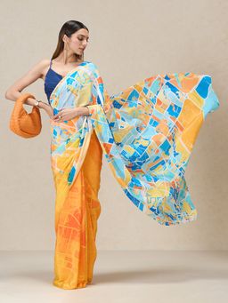 Navyasa By Liva - Yellow Crepe Abstract Print Saree with Unstitched Blouse
