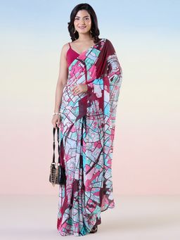 Navyasa By Liva - Maroon Georgette Abstract Print Saree with Unstitched Blouse
