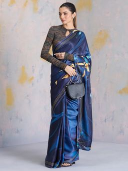 Navyasa By Liva - Blue Satin Floral Print Saree with Unstitched Blouse