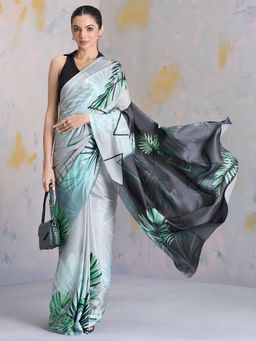 Navyasa By Liva - Grey Satin Floral Print Saree with Unstitched Blouse