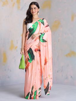 Navyasa By Liva - Peach Jacquard Floral Print Saree with Unstitched Blouse