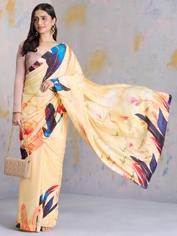 Navyasa By Liva - Yellow Jacquard Floral Print Saree with Unstitched Blouse