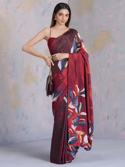 Navyasa By Liva - Maroon Sheen Floral Print Saree with Unstitched Blouse