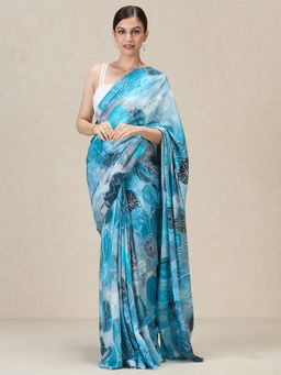 Navyasa By Liva - Blue Crepe Abstract Print Saree with Unstitched Blouse