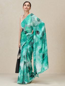 Navyasa By Liva - Green Crepe Abstract Print Saree with Unstitched Blouse