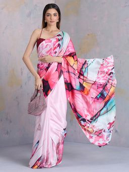 Navyasa By Liva - Pink Satin Abstract Print Saree with Unstitched Blouse