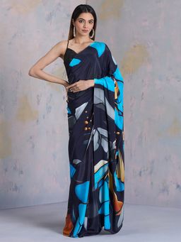 Navyasa By Liva - Navy Blue Crepe Abstract Print Saree with Unstitched Blouse