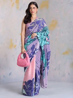 Navyasa By Liva - Purple Crepe Abstract Print Saree with Unstitched Blouse
