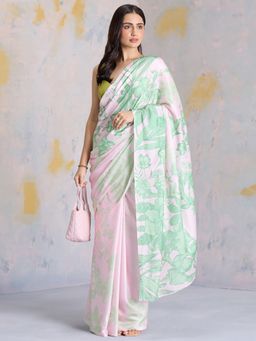 Navyasa By Liva - Pink Satin Floral Print Saree with Unstitched Blouse