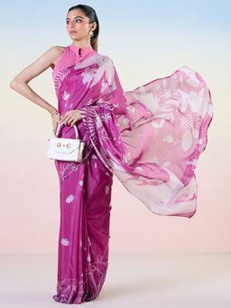 Navyasa By Liva - Pink Organza Floral Print Saree with Unstitched Blouse