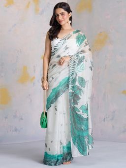 Navyasa By Liva - Off White Organza Floral Print Saree with Unstitched Blouse