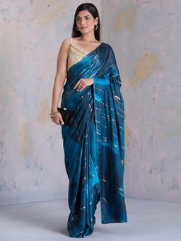 Navyasa By Liva - Navy Blue Satin Foil Print Saree with Unstitched Blouse