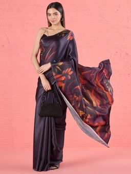 Navyasa By Liva - Black Satin Lite Floral Print Saree with Unstitched Blouse