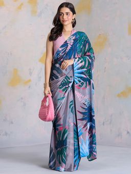 Navyasa By Liva - Grey Crepe Floral Print Saree with Unstitched Blouse
