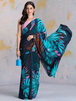 Navyasa By Liva - Navy Blue Crepe Floral Print Saree with Unstitched Blouse