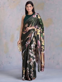 Navyasa By Liva - Green Satin Floral Print Saree with Unstitched Blouse