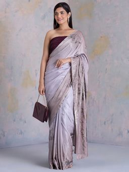 Navyasa By Liva - Taupe Satin Foil Print Saree with Unstitched Blouse