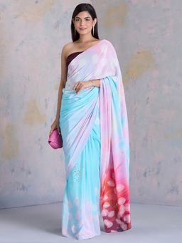 Navyasa By Liva - Blue Crepe Foil Print Saree with Unstitched Blouse