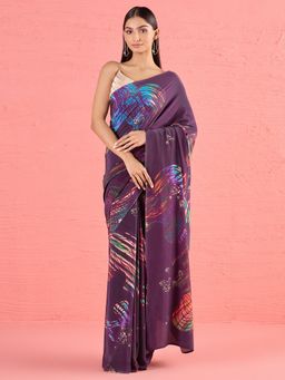 Navyasa By Liva - Purple Crepe Foil Print Saree with Unstitched Blouse