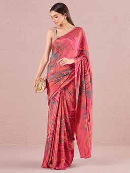 Navyasa By Liva - Red Crepe Foil Print Saree with Unstitched Blouse