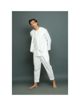 Echke - White Linen Attached Front Bandi and Tie Up Details Kurta