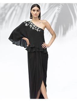 MANDIRA WIRK - Black One Shoulder Top with Draped Skirt