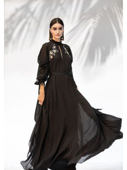MANDIRA WIRK - Black Embroidered Cowled Hem Dress with Belt