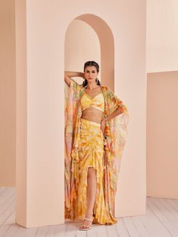 MANDIRA WIRK - Women Yellow Chiffon Printed Blouse with Skirt and Cape