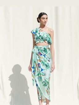 MANDIRA WIRK - Women Green Polyester Satin Printed Top with Skirt