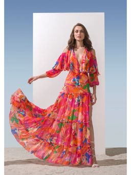 MANDIRA WIRK - Multi Pink Butterfly Tiered Dress