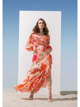 MANDIRA WIRK - Chiffon Coral Printed Layered Dress