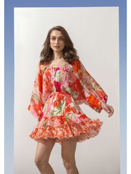 MANDIRA WIRK - Chiffon Coral Printed Mini Dress