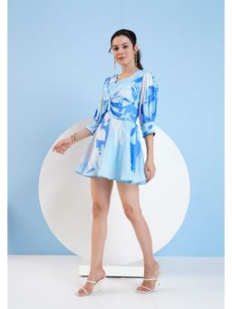 MANDIRA WIRK - Blue Cotton Short Dress with Knot Detailing