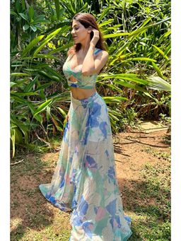 MANDIRA WIRK - Women Green Lurex Floral Bustier with Skirt