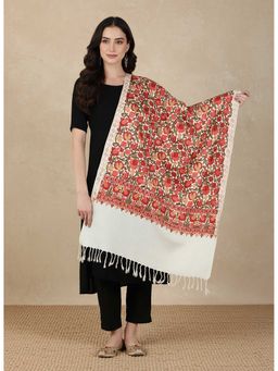 Zamour - Off White Kashmiri Embroidered Woollen Shawl