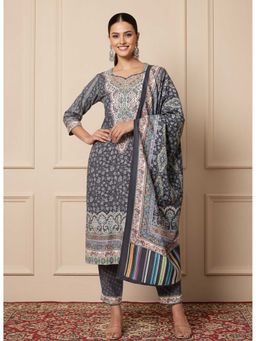 Zamour - Acro Wool Kalamkari Unstitched Dress Material-Black (Set of 3)