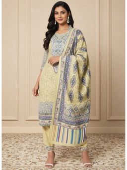 Zamour - Acro Wool Kalamkari Unstitched Dress Material-Olive (Set of 3)