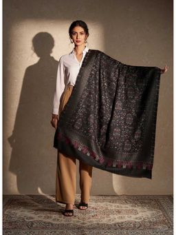 Zamour - Womens Woven Kani Zari Paisley Woollen Shawl-Black