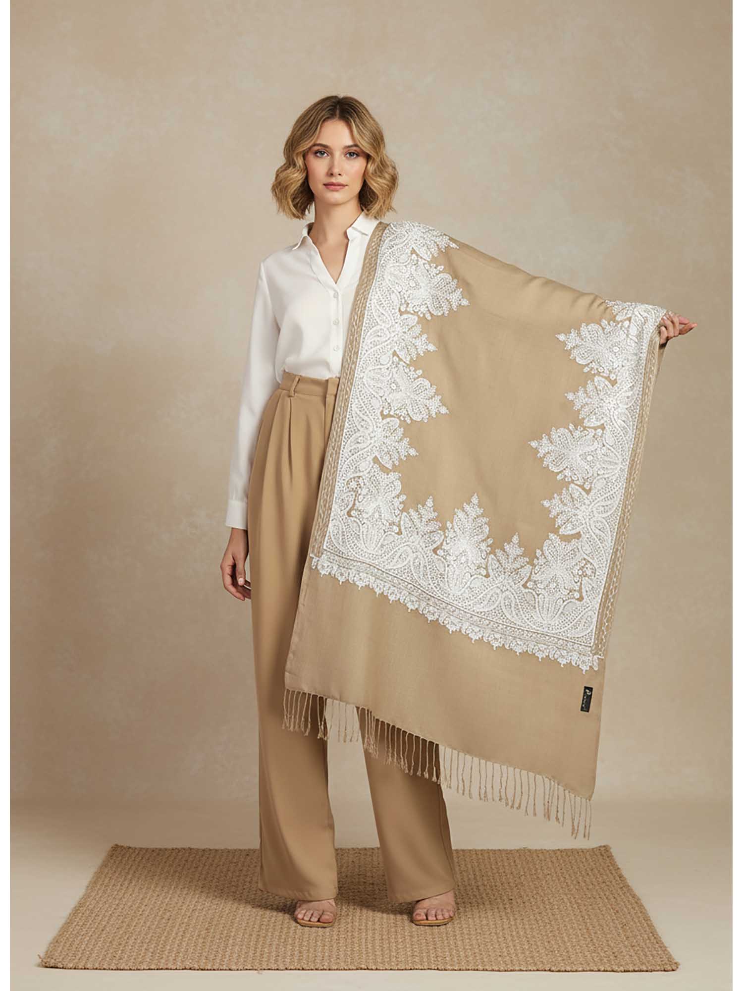 zamour Women Brown Fine Wool Embroidered Stole-picture-39