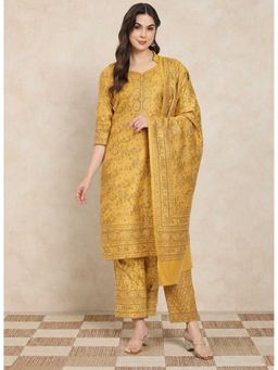 Zamour - Women's Mustard Unstitched Kani Woollen Unstitched Kurta with Bottom and Dupatta (Set of 3)