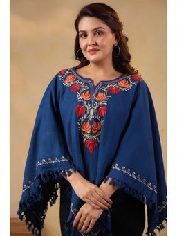 Zamour - Blue Woollen Kashmiri Chinar Neck Hand Embroidery and Inner Lining Poncho Top