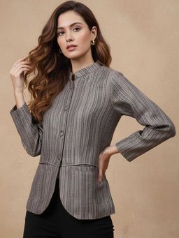 Zamour - Woven Grey Kullu Stripes Mandarin Collar Jacket