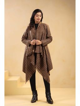 Zamour - Brown Woven Checkered Woollen Shrug Cardigan