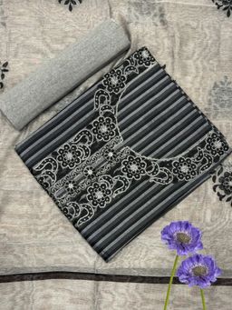 Chhabra 555 - Black Striped Embroidered Unstitched Kurta with Bottom and Dupatta